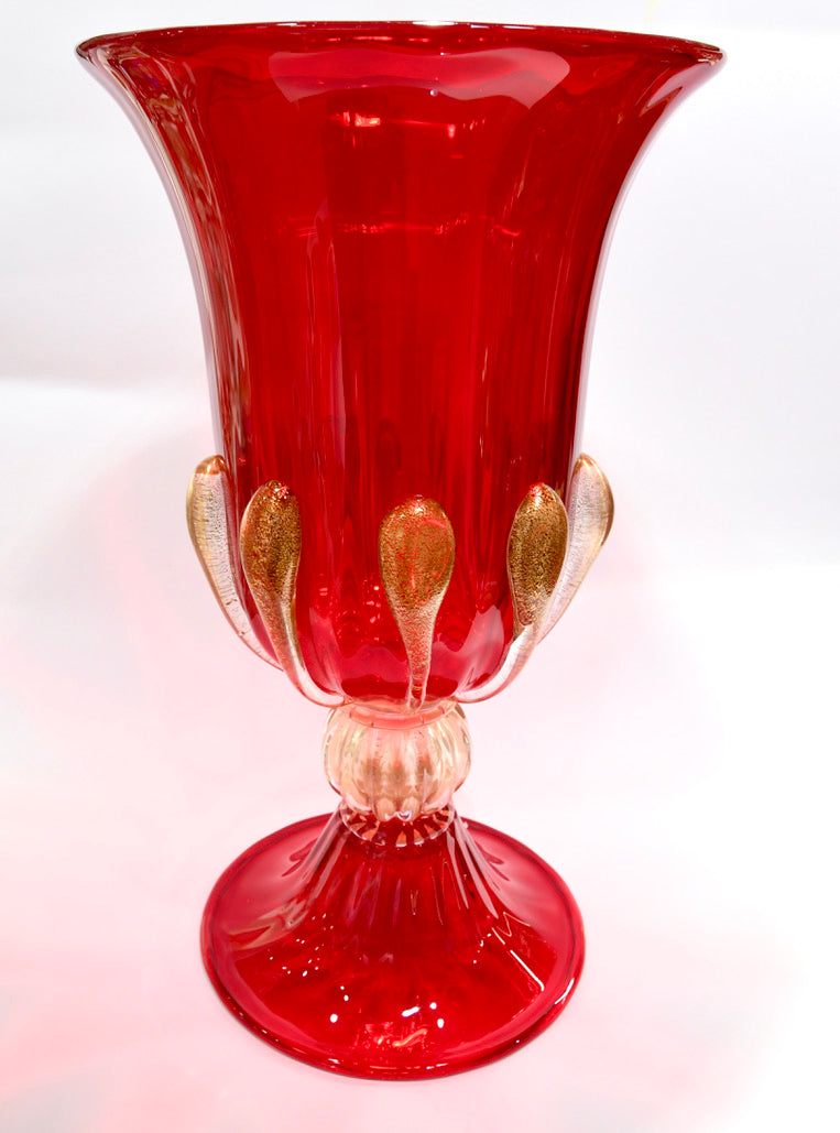 Vaso rosso con goccioli d'oro 24kt in vetro di Murano