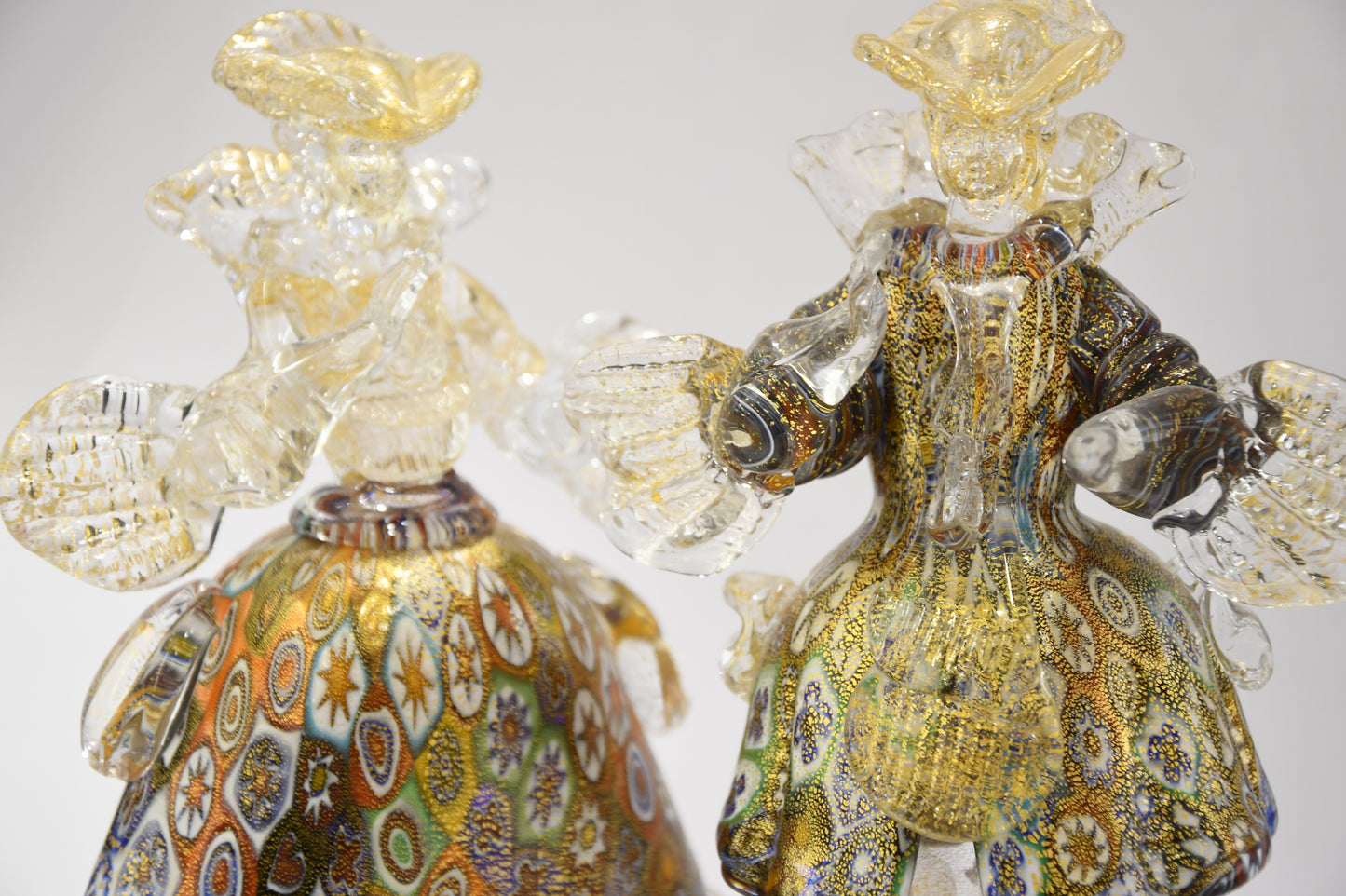 Pair of 18th century Venetian Casanova and Lady with 24kt gold leaf and murrine.