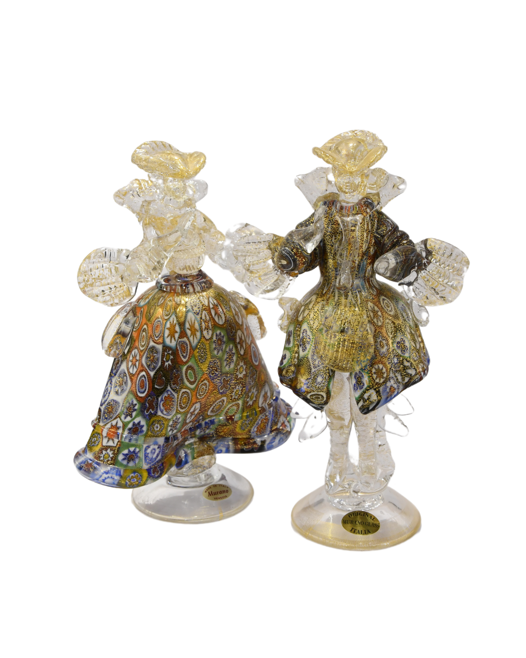 Pair of 18th century Venetian Casanova and Lady with 24kt gold leaf and murrine.