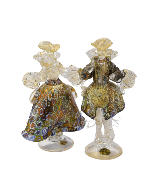 Pair of 18th century Venetian Casanova and Lady with 24kt gold leaf and murrine.